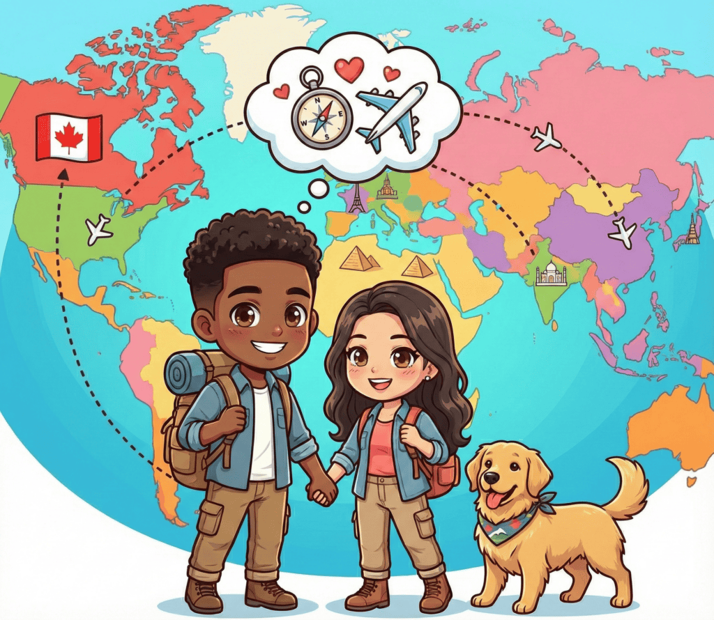 Deux enfants et un chien prêts à voyager autour du monde.