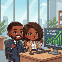 Deux professionnels heureux devant un graphique de croissance financière.