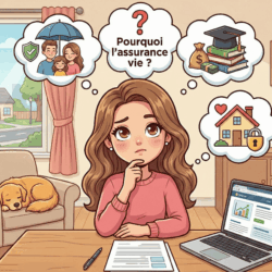 Illustration d'une femme réfléchissant à l'assurance vie avec des idées sur la famille, l'argent, la.