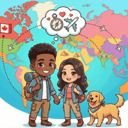 Deux enfants et un chien prêts à voyager autour du monde.