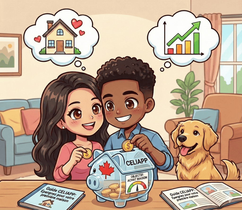 Alt: Illustration de jeunes adultes planifiant l'achat d'une maison avec un chien dans un salon convivial.