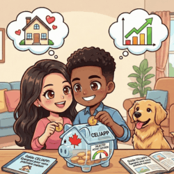 Alt: Illustration de jeunes adultes planifiant l'achat d'une maison avec un chien dans un salon convivial.