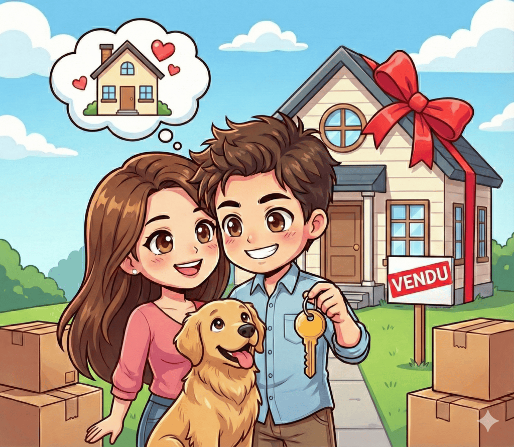 Alt : Couple heureux avec chien devant une maison vendue avec un gros nœud rouge.