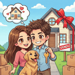 Alt : Couple heureux avec chien devant une maison vendue avec un gros nœud rouge.