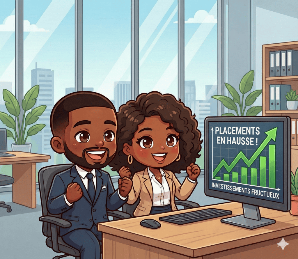 Deux professionnels heureux devant un graphique de croissance financière.