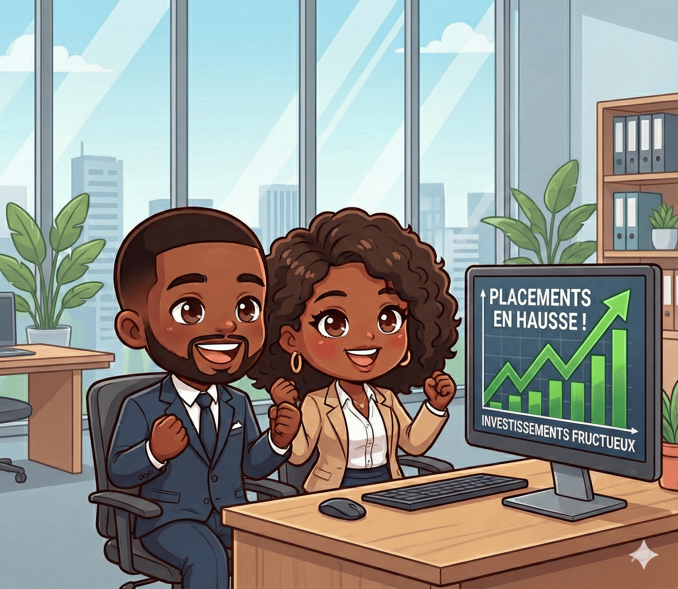 Deux professionnels heureux devant un graphique de croissance financière.