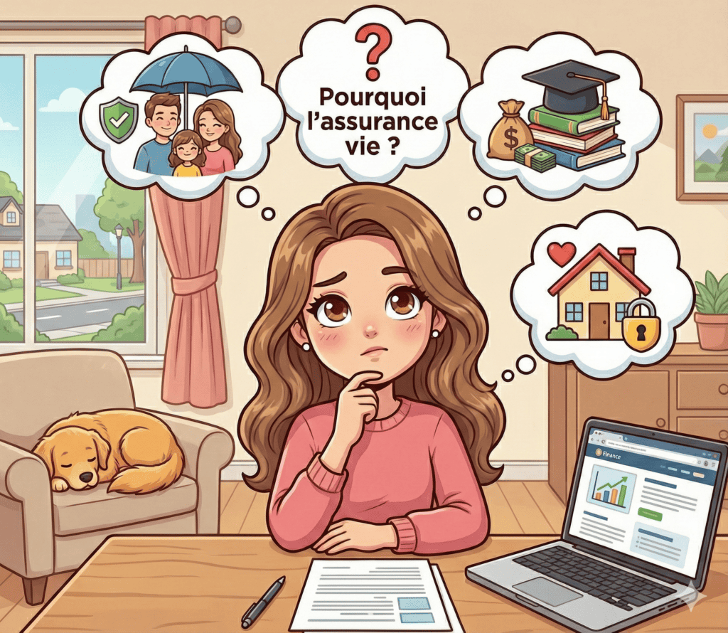 Illustration d'une femme réfléchissant à l'assurance vie avec des idées sur la famille, l'argent, la.