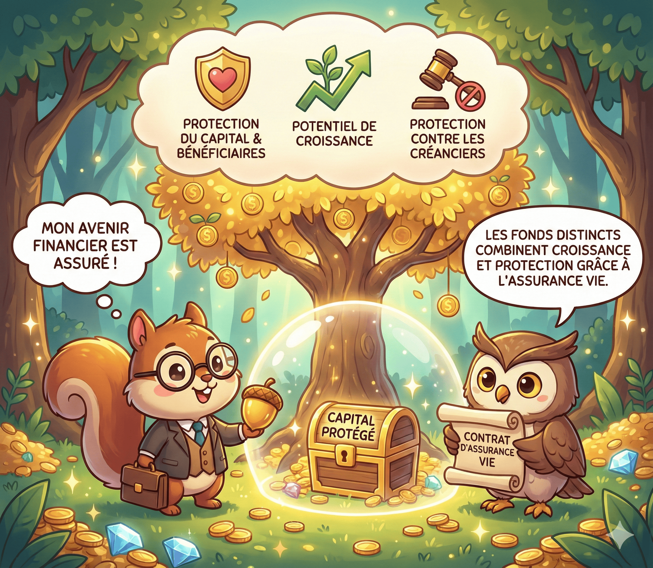 Illustration d'animaux discutant des fonds distincts et de leur protection.